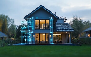 Aufkleber - A sleek smart home circuit design, connected to IoT function icons for security, energy, and automation via digital network