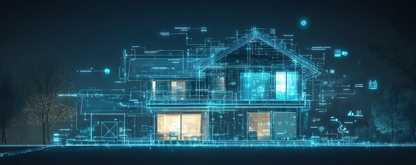 Aufkleber - A futuristic smart home network with a house circuit linked to IoT icons, demonstrating remote control and monitoring functions