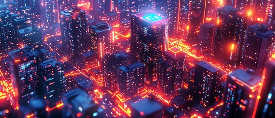 Poster - Graphical illustration of a smart city with interconnected buildings, powered by IoT and AI for energy efficiency, traffic control, and urban management