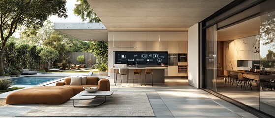 Poster - Modern smart home design, highlighting IoT network with icons for security, lighting, and climate control, connected through digital circuitry