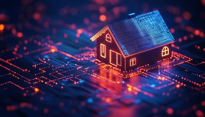 Fototapete - Smart home and IoT concept with a futuristic house circuit connected to icons representing remote control and monitoring through a digital network