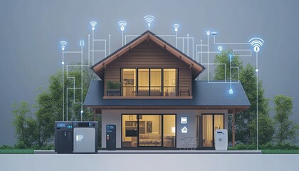 Poster - A connected smart home concept with IoT icons for security, appliances, and remote control linked by a digital circuit network