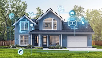 Aufkleber - A connected smart home concept with IoT icons for security, appliances, and remote control linked by a digital circuit network