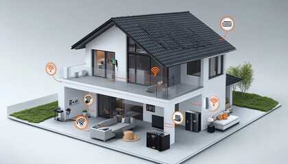 Aufkleber - A connected smart home concept with IoT icons for security, appliances, and remote control linked by a digital circuit network