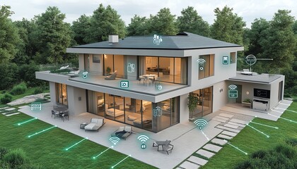 Aufkleber - A connected smart home concept with IoT icons for security, appliances, and remote control linked by a digital circuit network