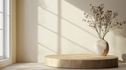 Wall Mural - A wooden pedestal in a home interior, offering space for decoration.