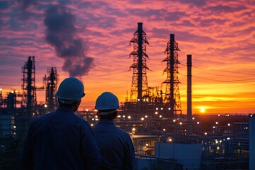 Two engineers stand in front of a large industrial plant. The image can be used to represent industrial work, manufacturing, or energy production.