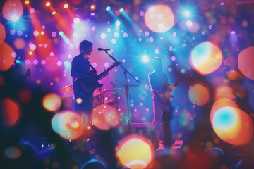 Poster - A lively concert featuring musicians performing on stage, enhanced by brilliant lights and an enthusiastic crowd enjoying the moment. Generative AI