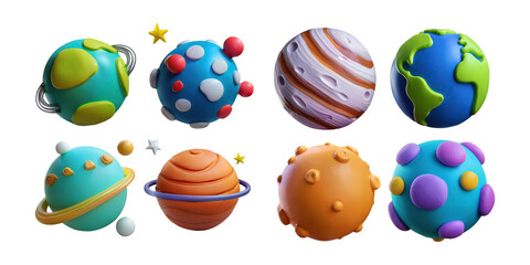 Colorful 3D Planets and Stars in Playful Style, PNG collection, set bundle, isolate on transparent or white background