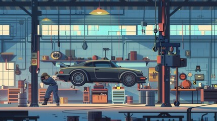 Poster - A skilled mechanic works diligently beneath a classic car on a hoist, surrounded by tools and equipment in a busy garage. Generative AI