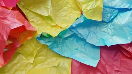 Poster - A collection of crumpled sheets in vivid colors like blue, yellow, and pink creates a textured backdrop. These layers are perfect for creative projects or crafts.