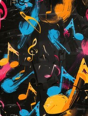 Aufkleber - A chalkboard showcases cheerful brushstrokes blended with various musical notes and symbols, reflecting artistic creativity in a lively atmosphere. Generative AI