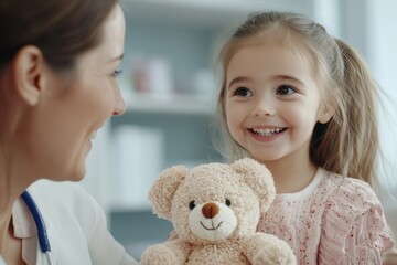 A young girl is holding a teddy bear while a woman doctor looks on