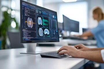 a person is typing on a computer with a monitor displaying two brain scans