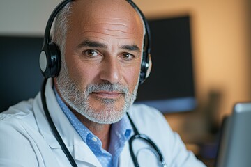 Wall Mural - A man wearing a white lab coat and a pair of headphones