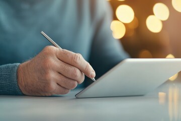 A man is writing on a tablet with a pen