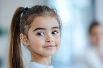 A young girl with long hair and a ponytail is smiling at the camera