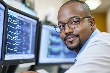 Wall Mural - A man wearing glasses is sitting in front of two computer monitors