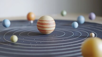 A colorful solar system model featuring various planets arranged in elliptical orbits around the central sun.