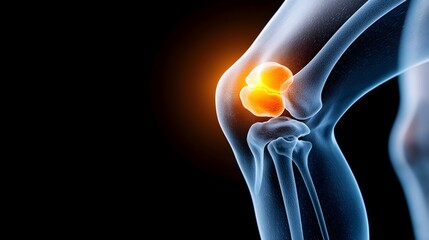 Wall Mural - Detailed X ray image of a knee joint showing a blue toned view with a yellow highlighted area indicating inflammation or injury to the joint structures