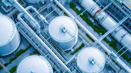 Aerial view of large industrial gas storage tanks surrounded by pipelines, representing modern energy infrastructure.