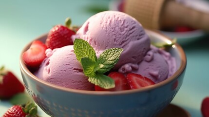 Two scoops of pink strawberry ice cream in a blue bowl with fresh strawberries and mint leaves.