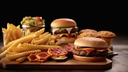 A classic fast food meal with two burgers, fries, a side salad, and onion rings on a wooden cutting board.