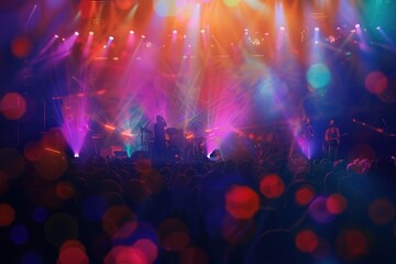 Aufkleber - Musicians perform energetically on stage while the enthusiastic crowd enjoys the colorful light show at a lively concert. Generative AI