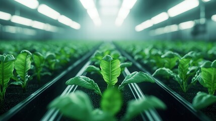 Lush green plants grow in rows under bright lights in a modern indoor farm, showcasing a vibrant agricultural environment.