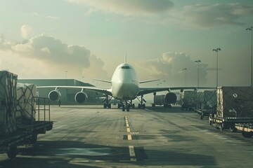 Aufkleber - A large cargo airplane is positioned on the runway, surrounded by equipment for loading and unloading freight at a busy airport. Generative AI