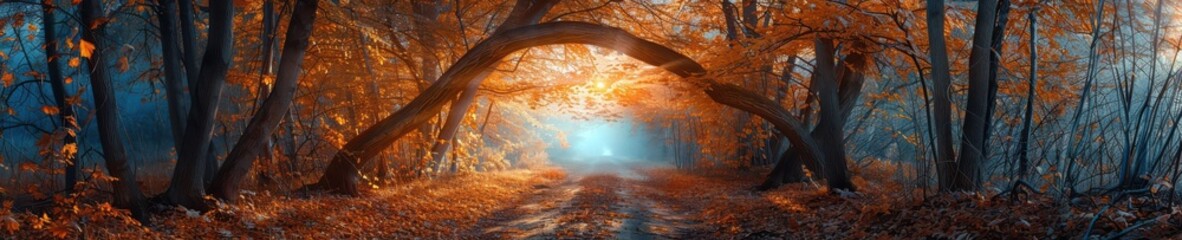 atmospheric autumn forest with a sunlit path covered in orange leaves, creating a magical setting. f
