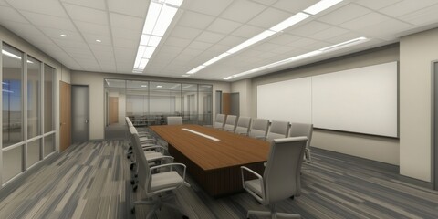 Poster - Modern, well-lit conference room with large whiteboard and wooden table surrounded by chairs.