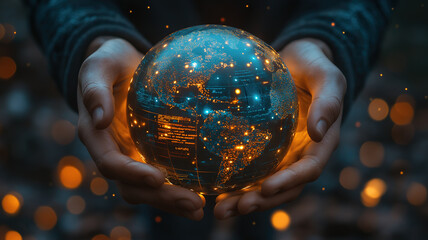 Chic visualization of a glowing Earth held in hands representing data and global connectivity