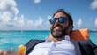 © Pinklife - A businessman wearing sunglasses reclines on an orange float in a luxurious pool, holding a cocktail, embodying relaxation and success under sunny skies.