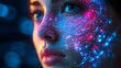 © Alpha - Face of a human with holographic digital circuits flowing across, symbolizing AI integration, Futuristic style, Soft light, Neon blue and purple hues, 3D render