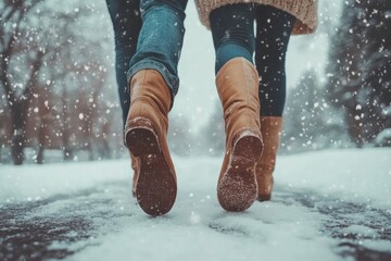 Romantic Winter Stroll: Couple Walking in Snowy Park with Boots