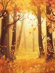 Aufkleber - Sunlight filters through trees in a golden autumn forest, highlighting the vibrant colors of fall leaves scattered on the ground. Generative AI