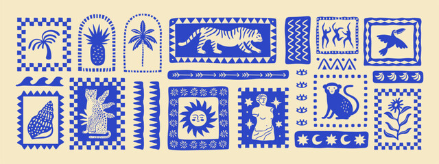 retro hand drawn tropical summer shape set. jungle nature illustration collection. vintage exotic cl