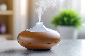 Modern Wooden Essential Oil Diffuser with Steam on Table