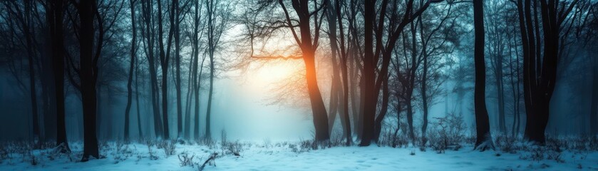 Wall Mural - Foggy morning in a snow-covered forest, with soft light filtering through the mist, Enigmatic, Cool Tones, Atmospheric