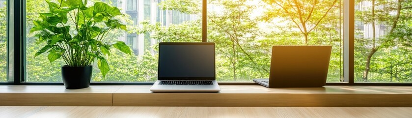 Sticker - Two laptops on a windowsill with a potted plant in front of a sunny window.