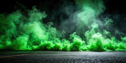 Symmetrical green smoke and fog on asphalt in black defocused background