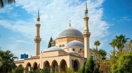 A beautiful mosque with two minarets and a dome against a bright blue sky with white clouds. There are palm trees in the foreground.