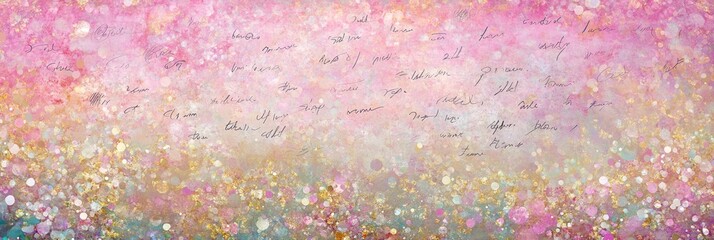 Wall Mural - abstract pink, gold, and green bokeh background with blurry handwritten text.