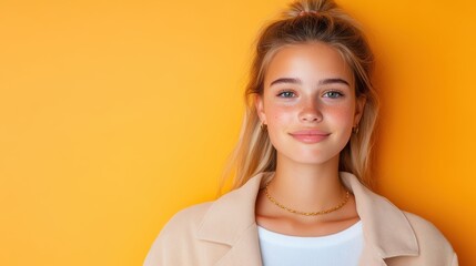 A young woman adorned with a simple gold necklace stands against a vibrant yellow backdrop, embodying youthful charm and casual elegance with a relaxed smile.