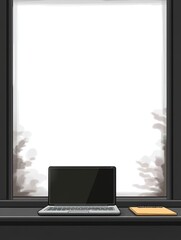 Sticker - A laptop sits on a desk in front of a large window, with a view of trees outside.