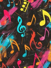Leinwandbilder - Colorful brushstrokes swirl around musical notes and symbols, creating a lively artistic expression on a black chalkboard. Generative AI