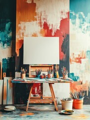 Poster - An artist's studio with an easel and canvas in front of a colorful wall with paint splatters.