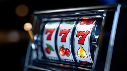 A close-up shot of a slot machine highlighting jackpot sevens with iconic fruit and bell images in a casino setting, capturing the thrill of winning.