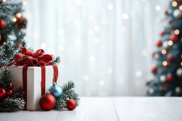 Wall Mural - Empty of Christmas Blurred on Background. Blank Christmas. Gifts. Christmas Trees. Product Mockup. Copy space.